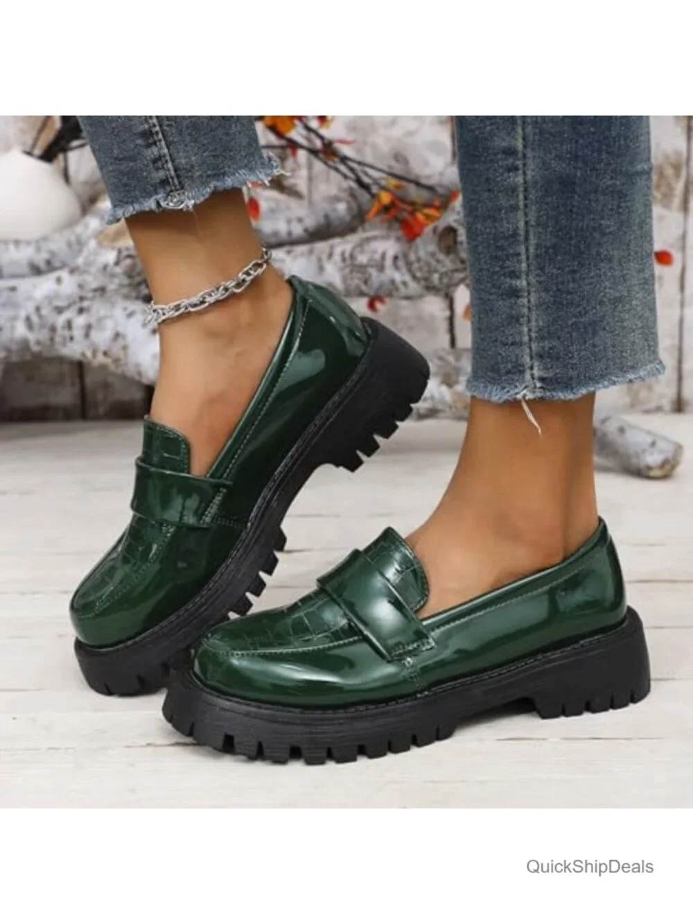 Patent PU Leather Platform Loafers, Slip-On Chunky Heel Lug Sole Shoes